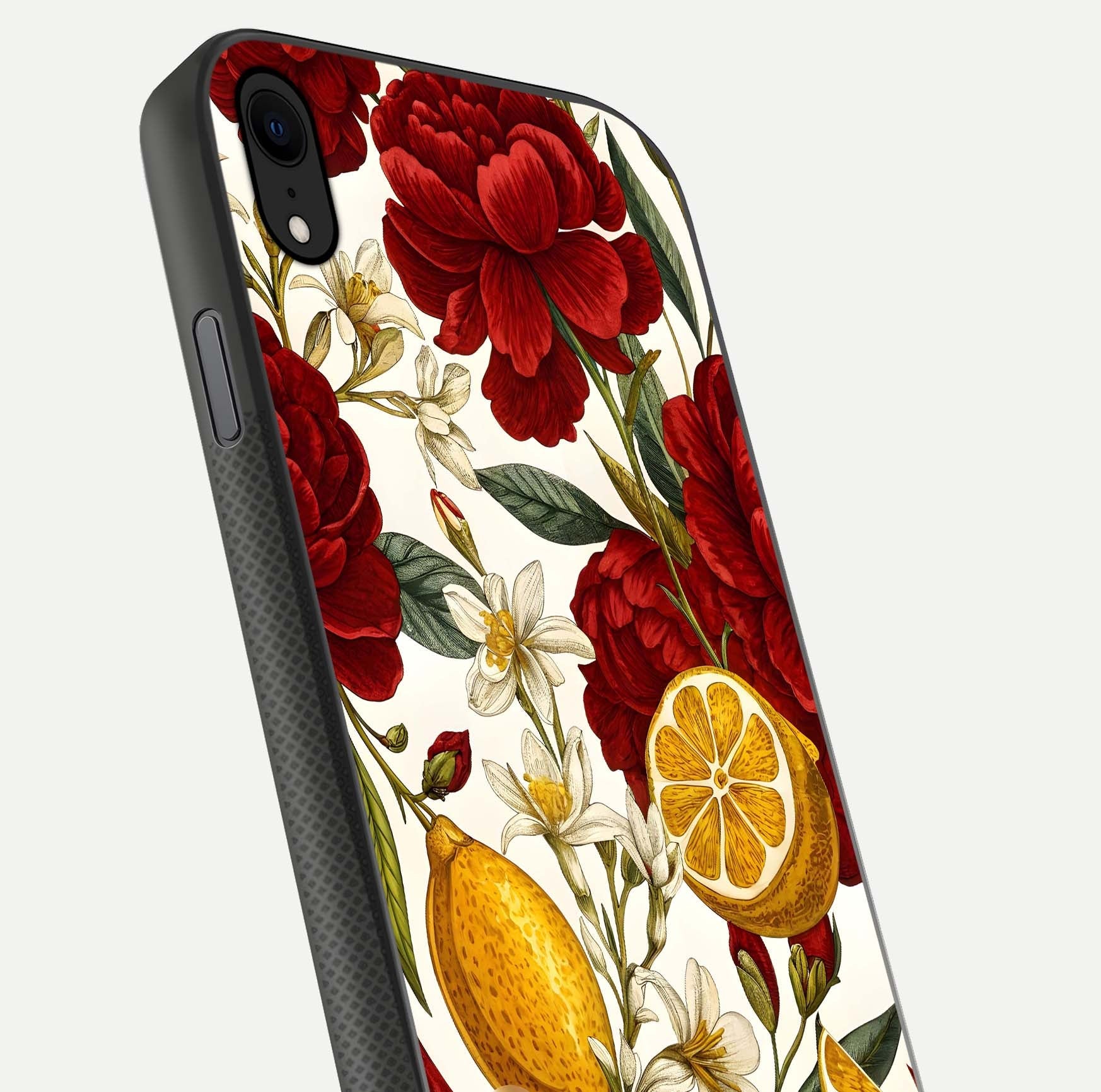 Lemon Rose Charm Glass Case for iPhone Xr angled close-up showing vivid rose details and HD glass reflection