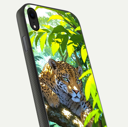 Leopard in Jungle Glass Case for iPhone Xr angled close-up showing fur texture and glossy shine reflection