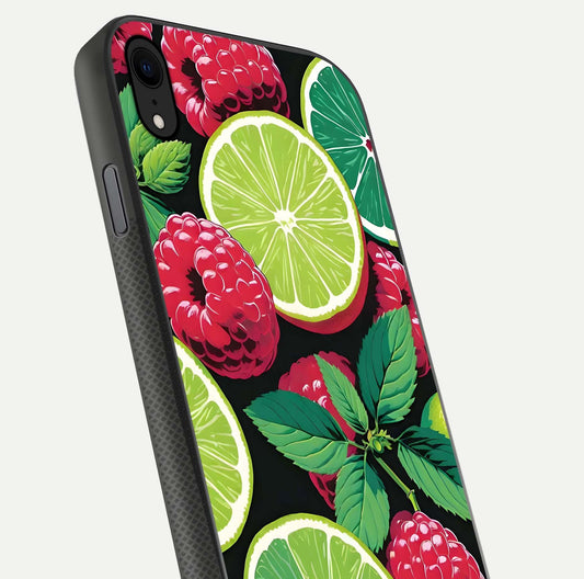 Lime and Raspberry Pattern Glass Case for iPhone Xr angled close-up showing fruit texture and reflection glow