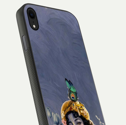 Lord Krishna Glass Case for iPhone Xr angled close-up showing intricate flute and reflection details