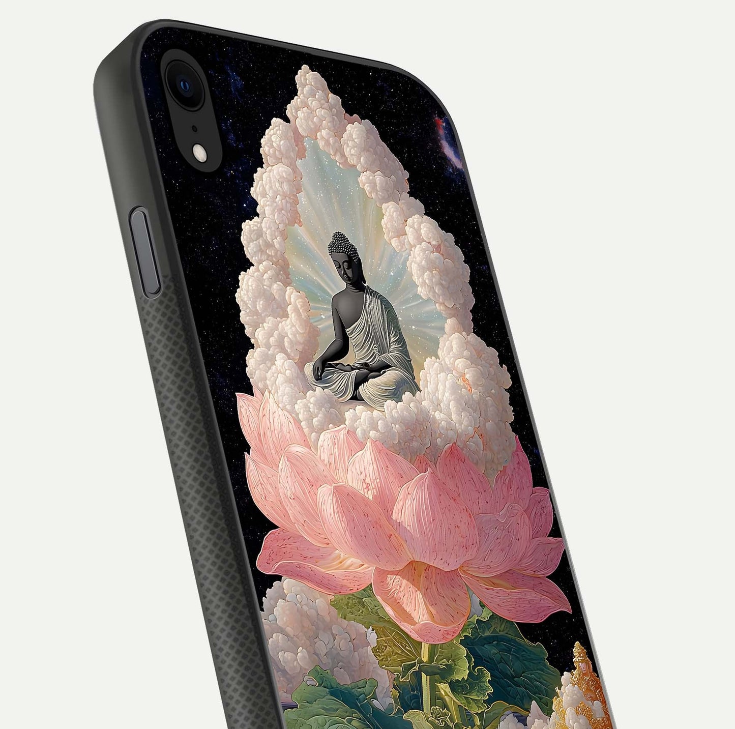 Lotus Divine Peace Glass Case for iPhone Xr angled close-up showing delicate petals and gloss reflection
