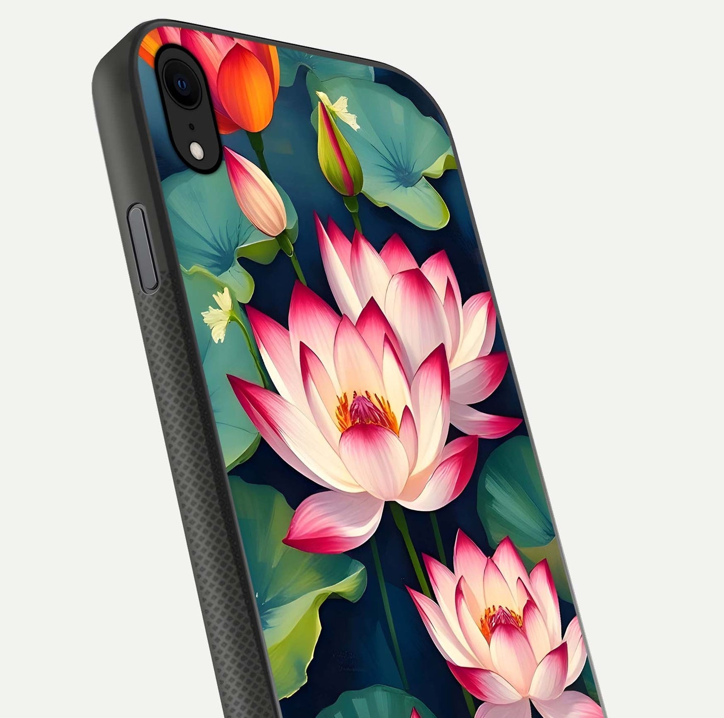 Lotus Dream Serenity Glass Case for iPhone Xr close-up angled shot showing floral details and soft shine