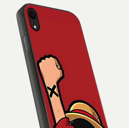Luffy X Spirit Glass Case for iPhone Xr close-up angled shot showing character detailing and gloss texture