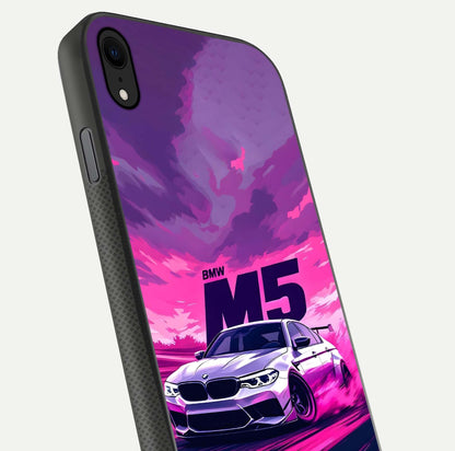 MS Neon Car Glass Case for iPhone Xr close-up angled shot showing vivid neon reflections and shine