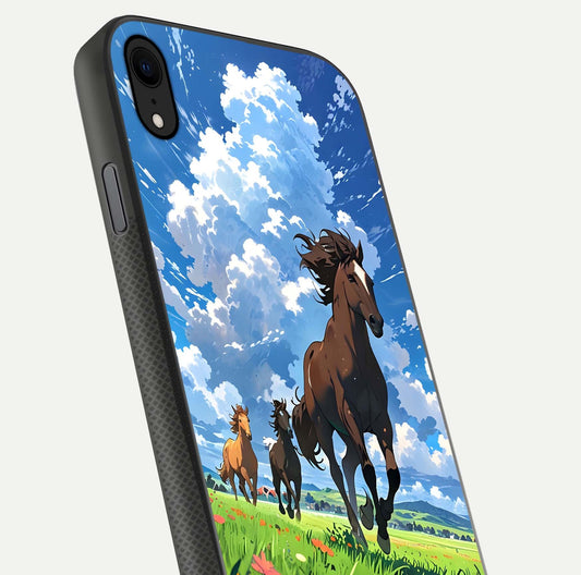 Majestic Horses Galloping Glass Case for iPhone Xr close-up angled shot showing horse motion and reflection