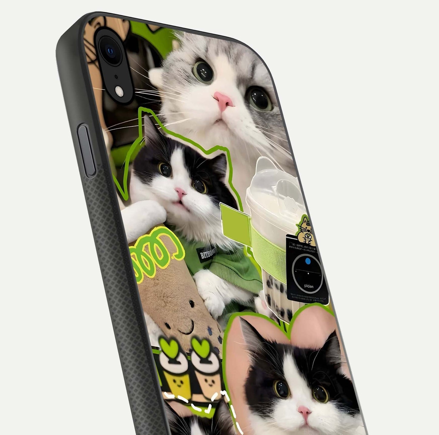 Matcha Cats Mood Glass Case for iPhone Xr close-up angled shot showing adorable cat art and reflection detail