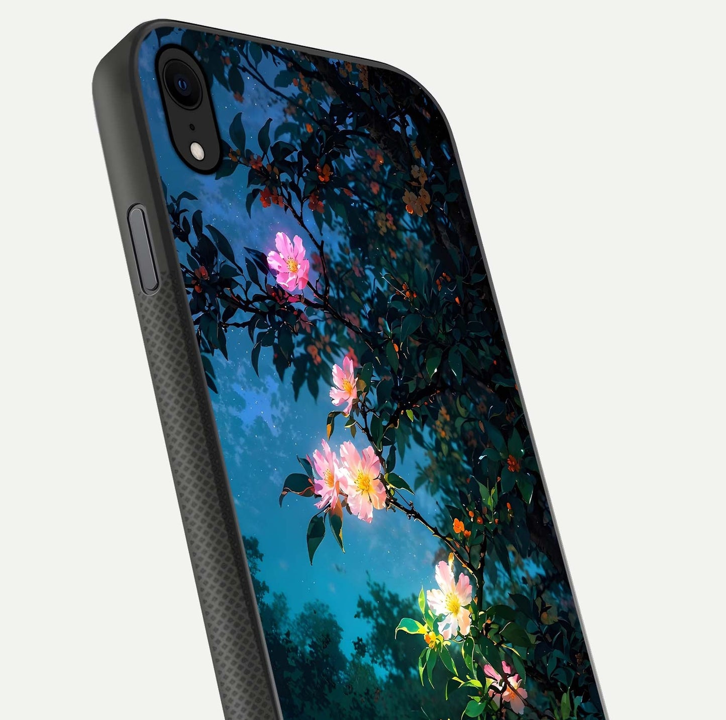 Midnight Bloom Glow Glass Case for iPhone Xr close-up angled shot showing petal highlights and glow reflection