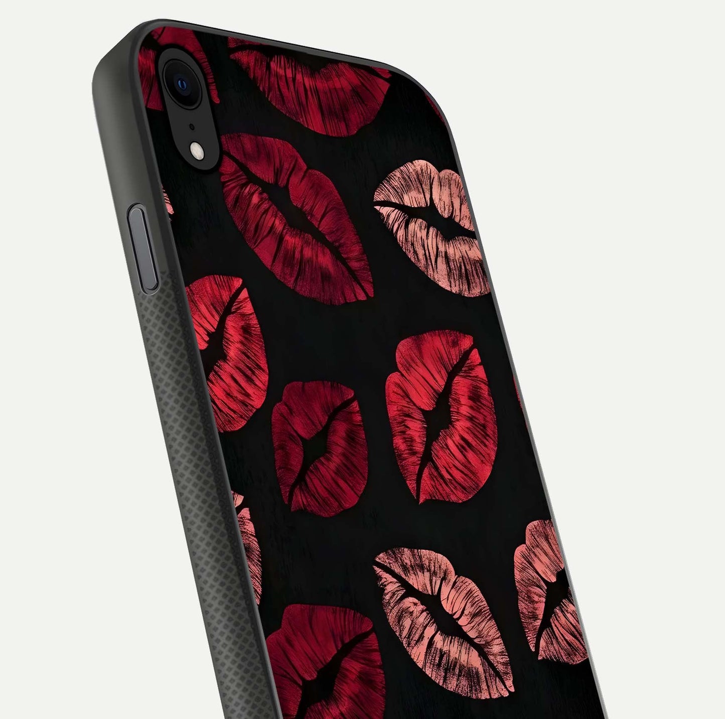 Midnight Kiss Love Glass Case for iPhone Xr close-up angle highlighting red accents and reflection shine