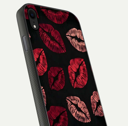Midnight Kiss Love Glass Case for iPhone Xr close-up angle highlighting red accents and reflection shine