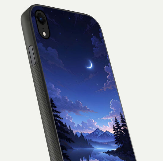 Midnight Lake Peace Glass Case for iPhone Xr close-up angled shot showing blue night tones and reflection