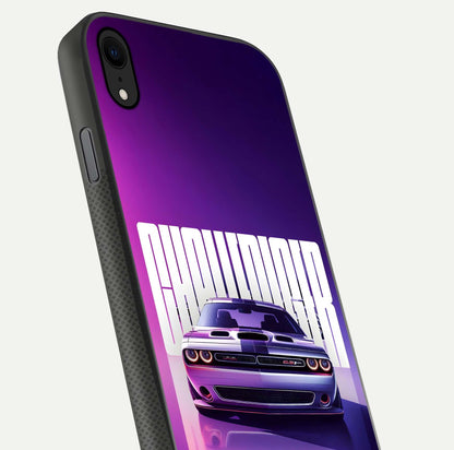 Midnight Muscle Ride Glass Case for iPhone Xr close-up angled shot showing HD reflections and car details