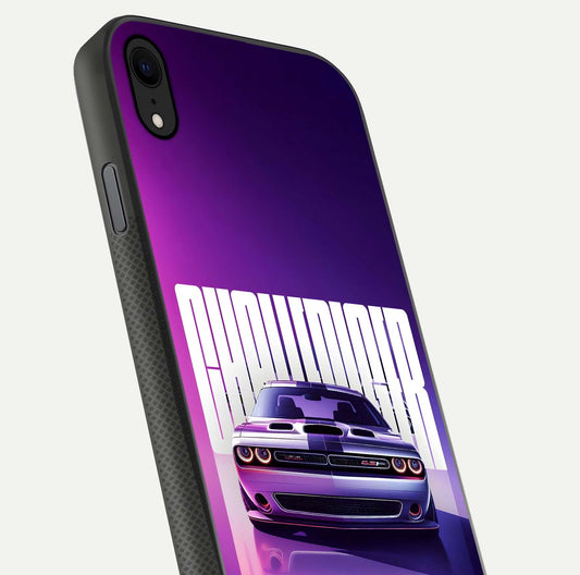 Midnight Muscle Ride Glass Case for iPhone Xr close-up angled shot showing HD reflections and car details