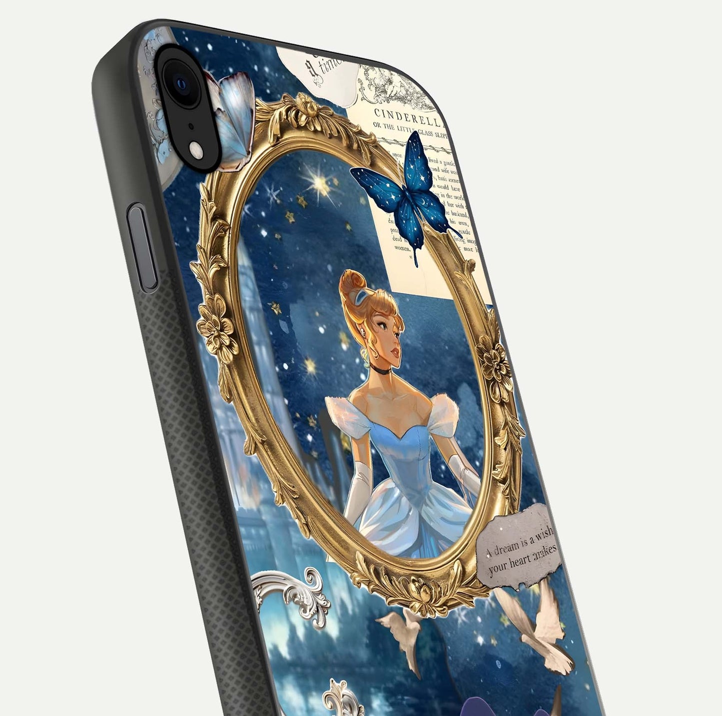 Midnight Queen Glass Case for iPhone Xr close-up angled shot featuring crown motif and gloss reflection