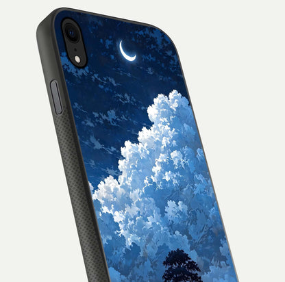 Midnight Sky Serenity Glass Case for iPhone Xr close-up angled shot showing starlit tones and reflection