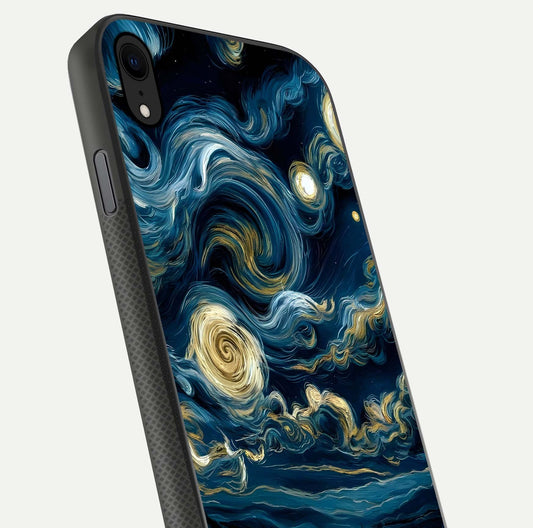 Midnight Sky Whirl Glass Case for iPhone Xr close-up angle showing spiral design and HD gloss reflection