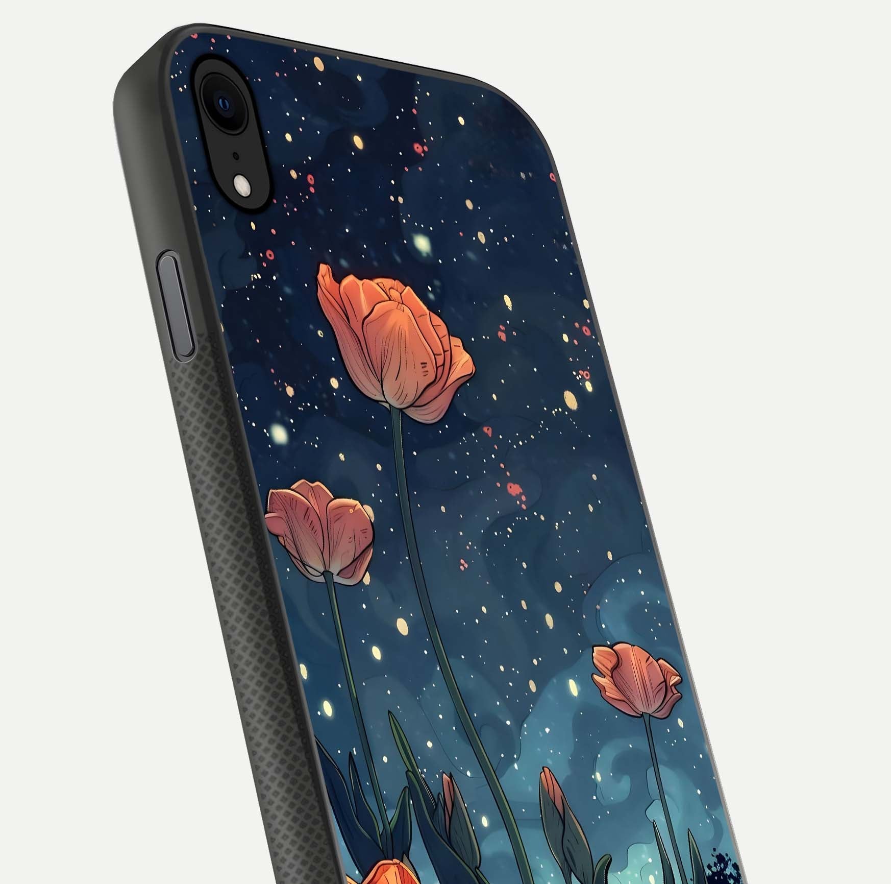 Midnight Tulip Glow Glass Case for iPhone Xr close-up angled shot showing petal details and reflection glow