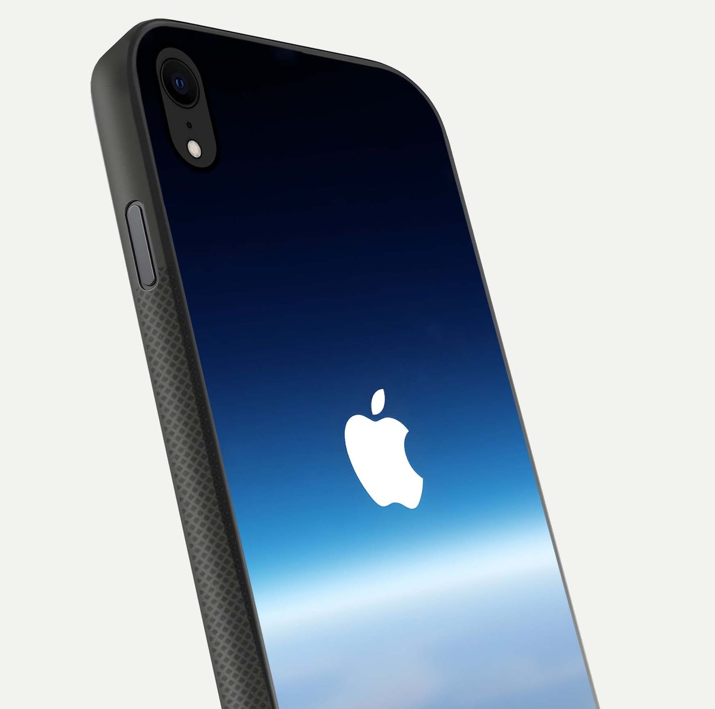 Minimal Apple Sky Glass Case for iPhone Xr close-up angled shot showing pastel blue hues and reflection