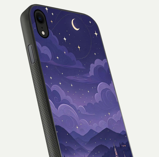 Minimal Night View Glass Case for iPhone Xr close-up angled shot showing lights reflection and dark tone details