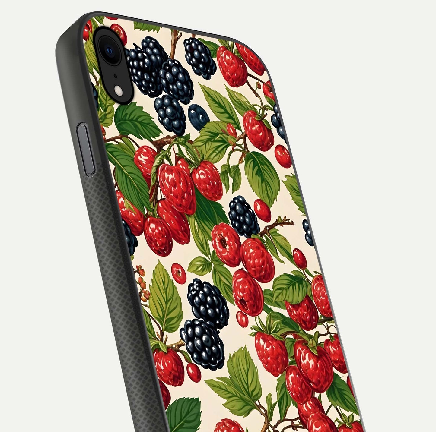 Mixed Berry Collage Glass Case for iPhone Xr close-up angled shot showing fruit detail and reflection glow