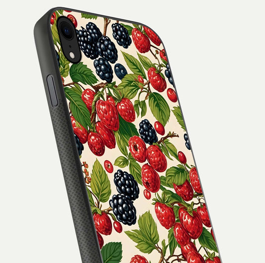 Mixed Berry Collage Glass Case for iPhone Xr close-up angled shot showing fruit detail and reflection glow