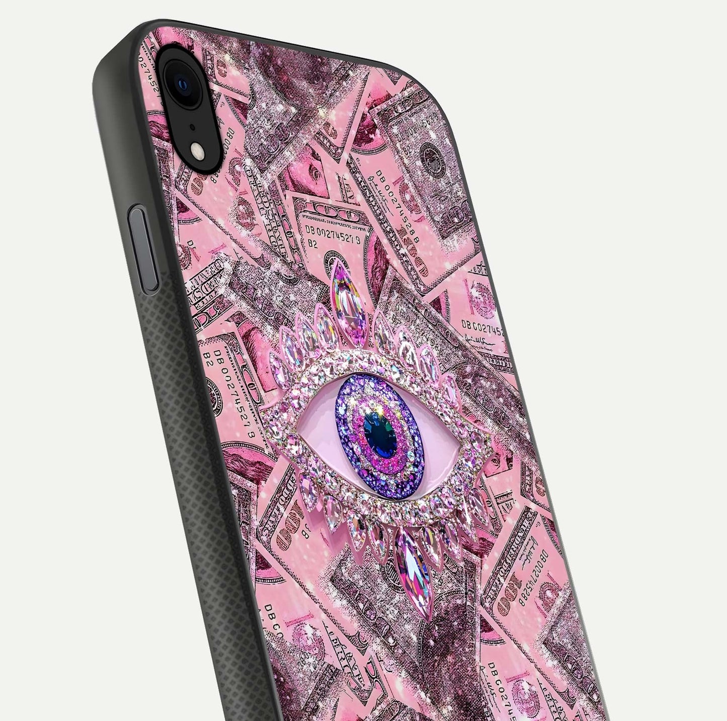 Money Eye Luxe Glass Case for iPhone Xr close-up angled shot showing gold detailing and reflection shine