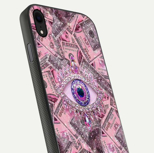Money Eye Luxe Glass Case for iPhone Xr close-up angled shot showing gold detailing and reflection shine