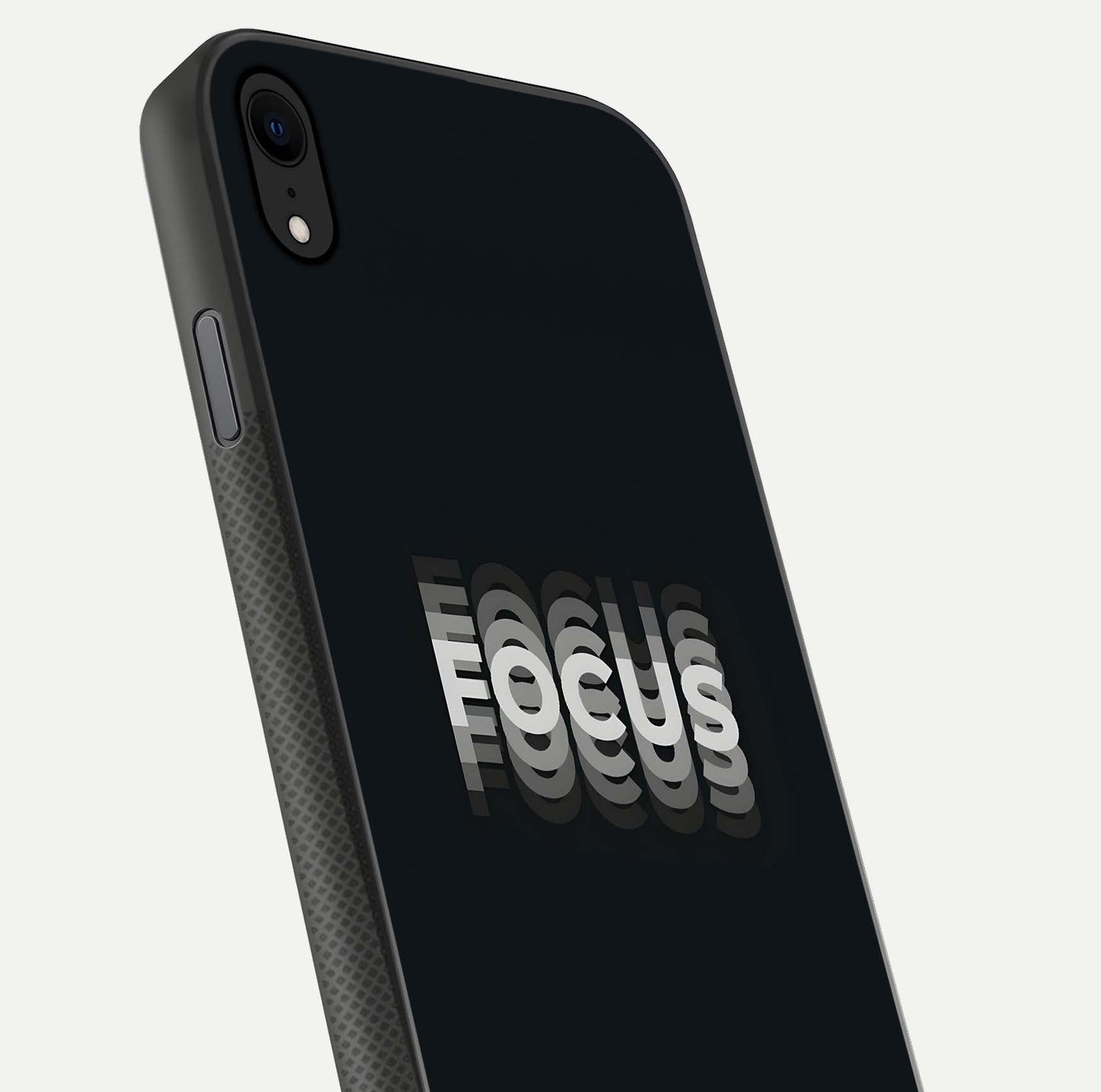 Mono Focus Vision Glass Case for iPhone Xr close-up angled shot highlighting minimal contrast and reflection