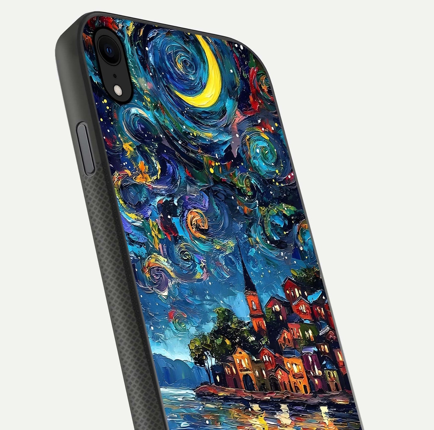Moonlight Harbor Glow Glass Case for iPhone Xr close-up angled shot showing reflection and moonlight glow