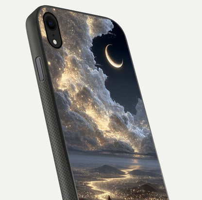 Moonlight Spark Path Glass Case for iPhone Xr close-up angled shot showing glowing stars and reflection