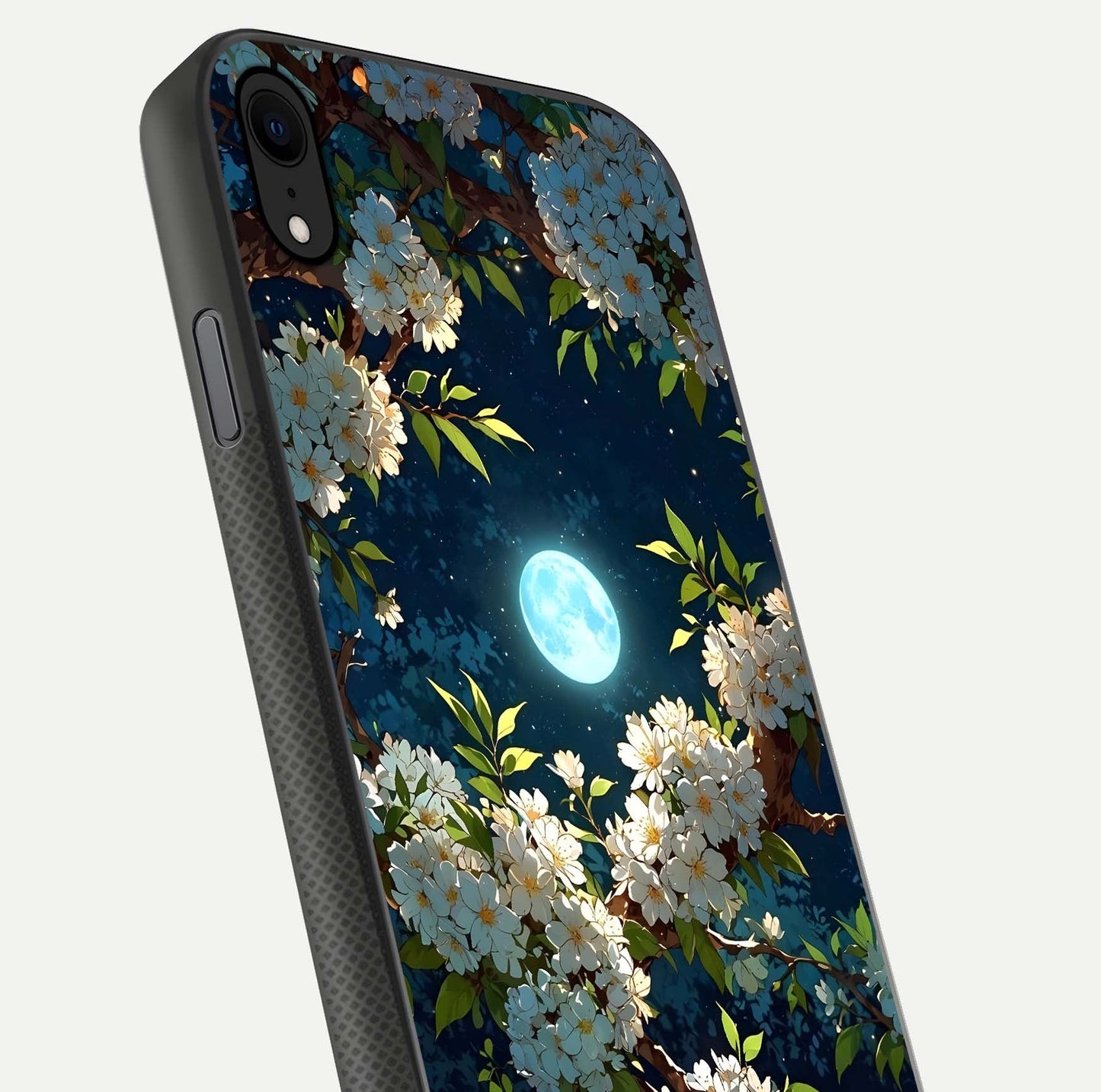 Moonlit Blossom Dream Glass Case for iPhone Xr close-up angled shot showing glowing petals and reflection