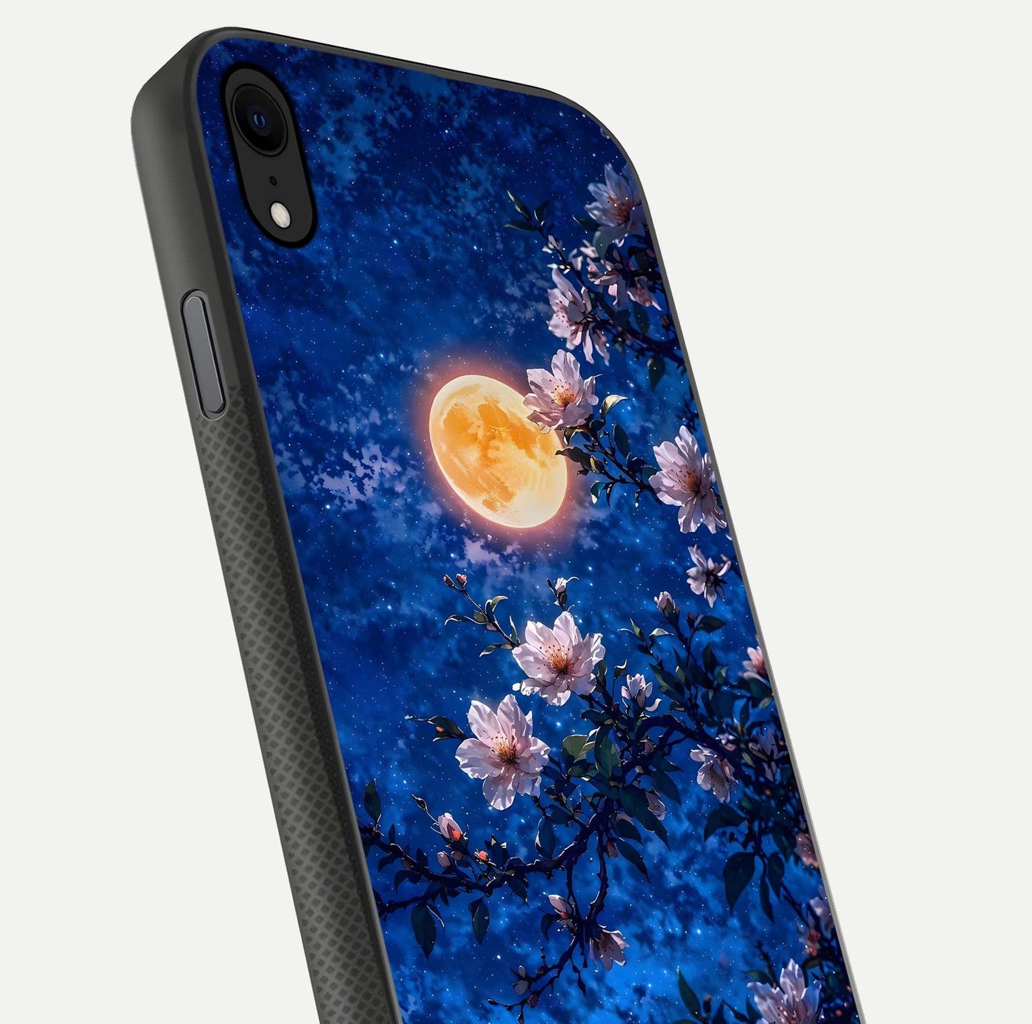 Moonlit Blossoms Night Glass Case for iPhone Xr close-up angled shot showing petal glow and reflection detail