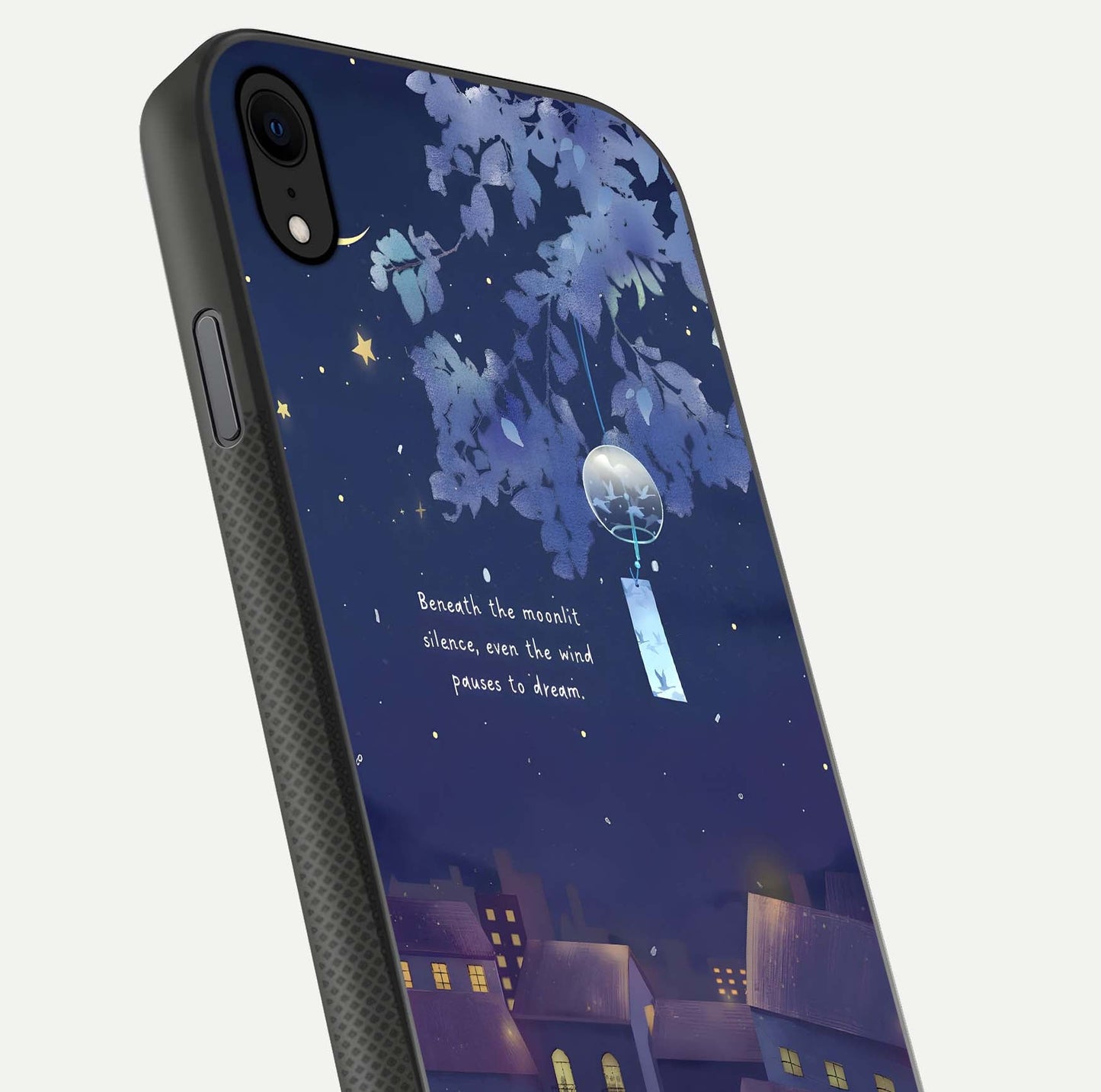 Moonlit Cat Silence Glass Case for iPhone Xr close-up angled shot showing soft glow and reflection texture