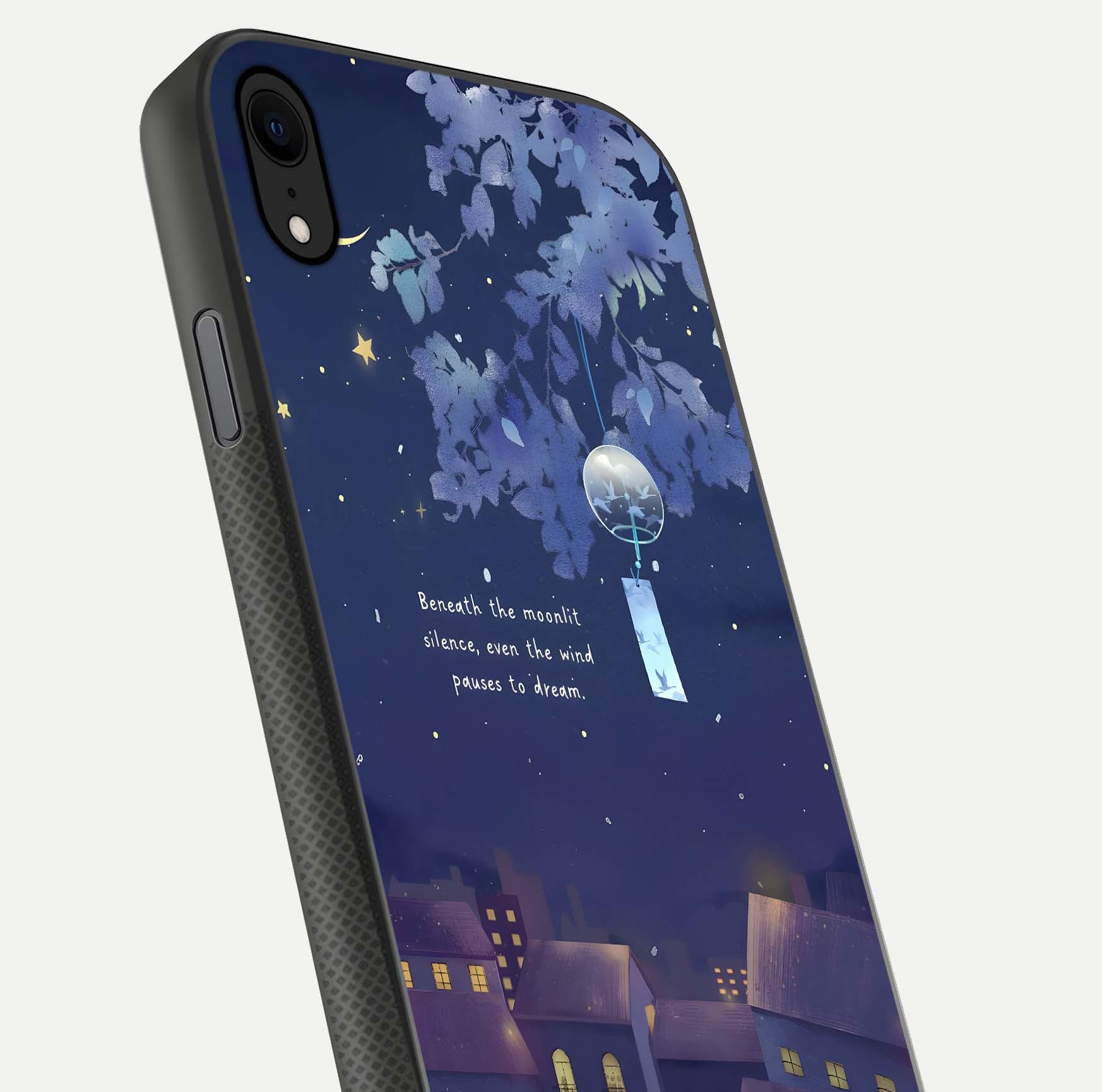 Moonlit Cat Silence Glass Case for iPhone Xr close-up angled shot showing soft glow and reflection texture