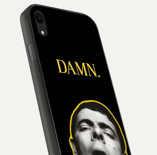 Mr Bean Damn Glass Case for iPhone Xr close-up angled shot highlighting comic expression and shine detail