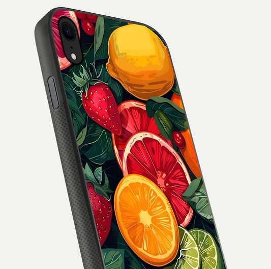 Multiple Fruits Glass Case for iPhone Xr close-up angled shot showing fruit texture and HD gloss shine