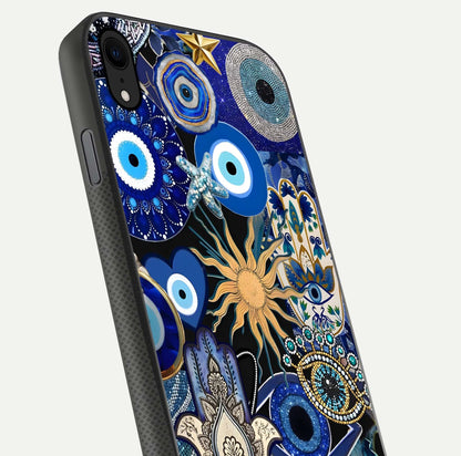 Mystic Blue Evil Eye Glass Case for iPhone Xr close-up angled shot highlighting mystical glow and HD reflection