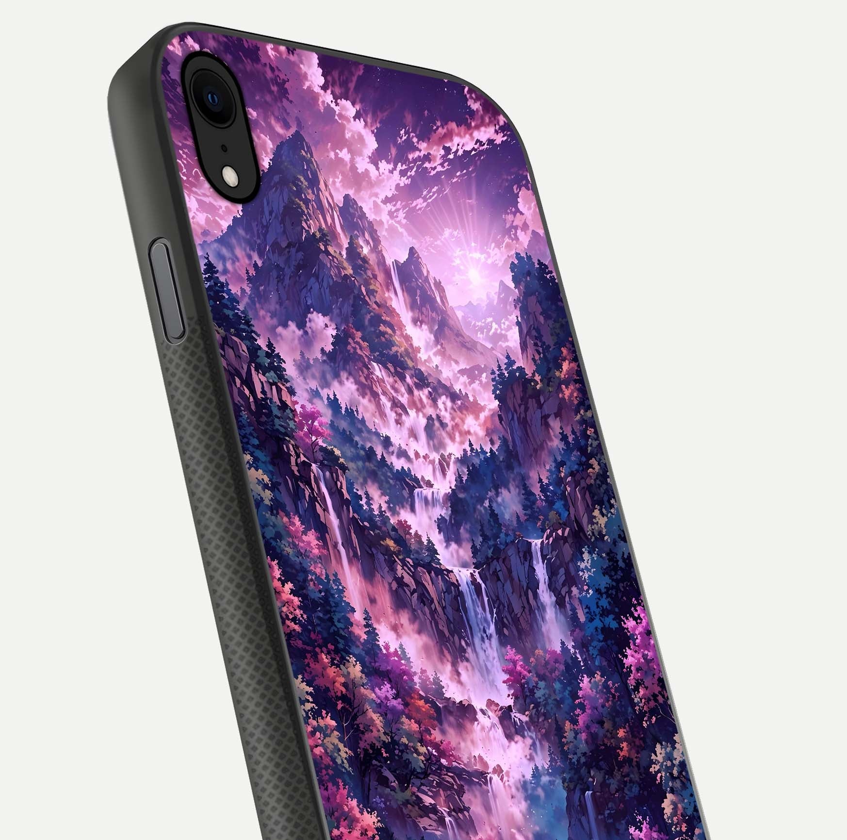 Mystic Cascade Peaks Glass Case for iPhone Xr close-up angled shot showing peak reflections and color gradient
