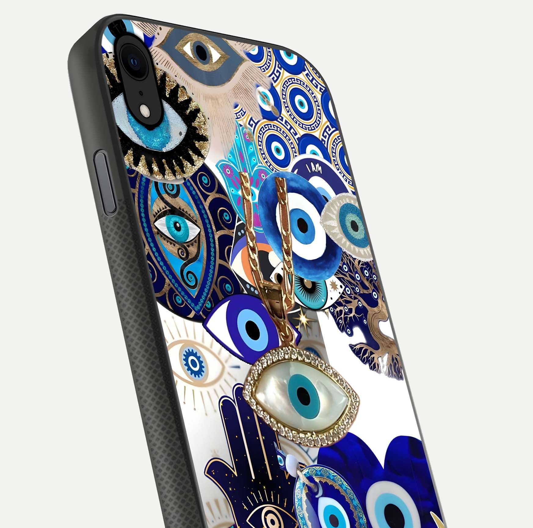 Mystic Charm Eye Glass Case for iPhone Xr close-up angled shot showing detailed eye art and reflection
