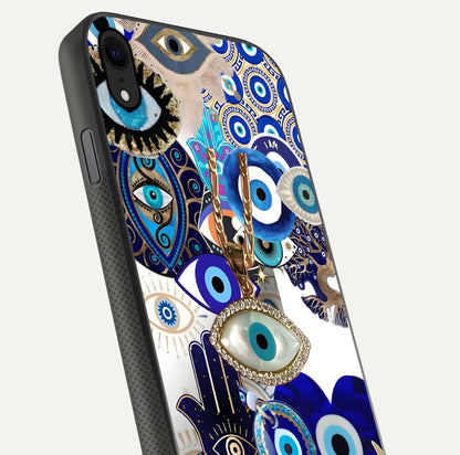 Mystic Charm Eye Glass Case for iPhone Xr close-up angled shot showing detailed eye art and reflection