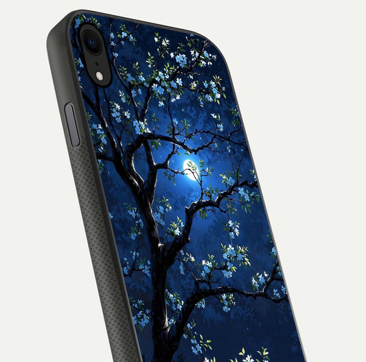 Mystic Floral Night Glass Case for iPhone Xr close-up angled shot highlighting petal detail and HD reflection