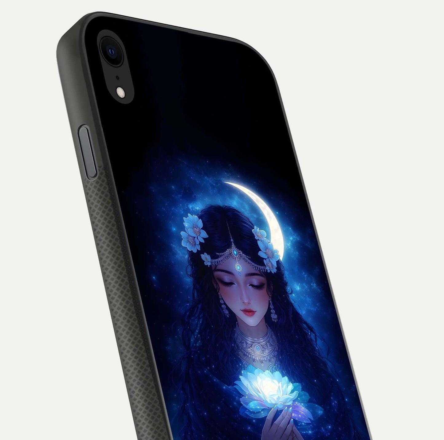Mystic Moon Queen Glass Case for iPhone Xr close-up angled shot showing shine and lunar tones