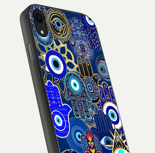 Mystic Palm Guard Glass Case for iPhone Xr close-up angled shot showing eye symbol and fine texture