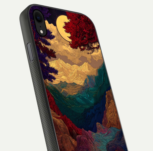 Mystic Valley Light Glass Case for iPhone Xr close-up angled shot highlighting gradient sky and reflection