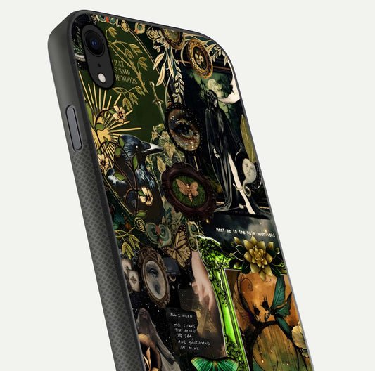 Mystic Woods Secret Glass Case for iPhone Xr close-up angled shot highlighting tree texture and reflection