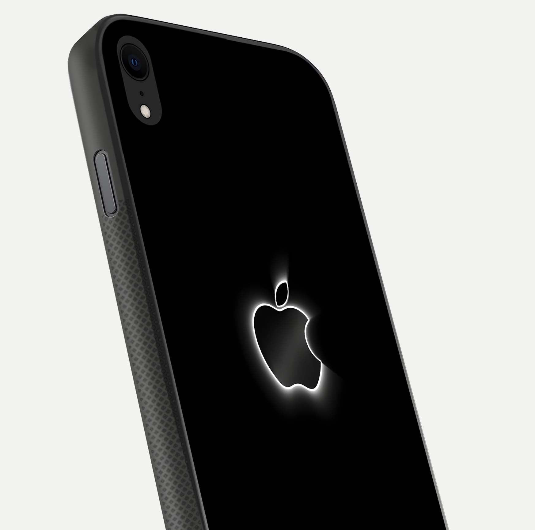 Neon Apple Glow Glass Case for iPhone Xr close-up angled shot highlighting neon reflection and color pop
