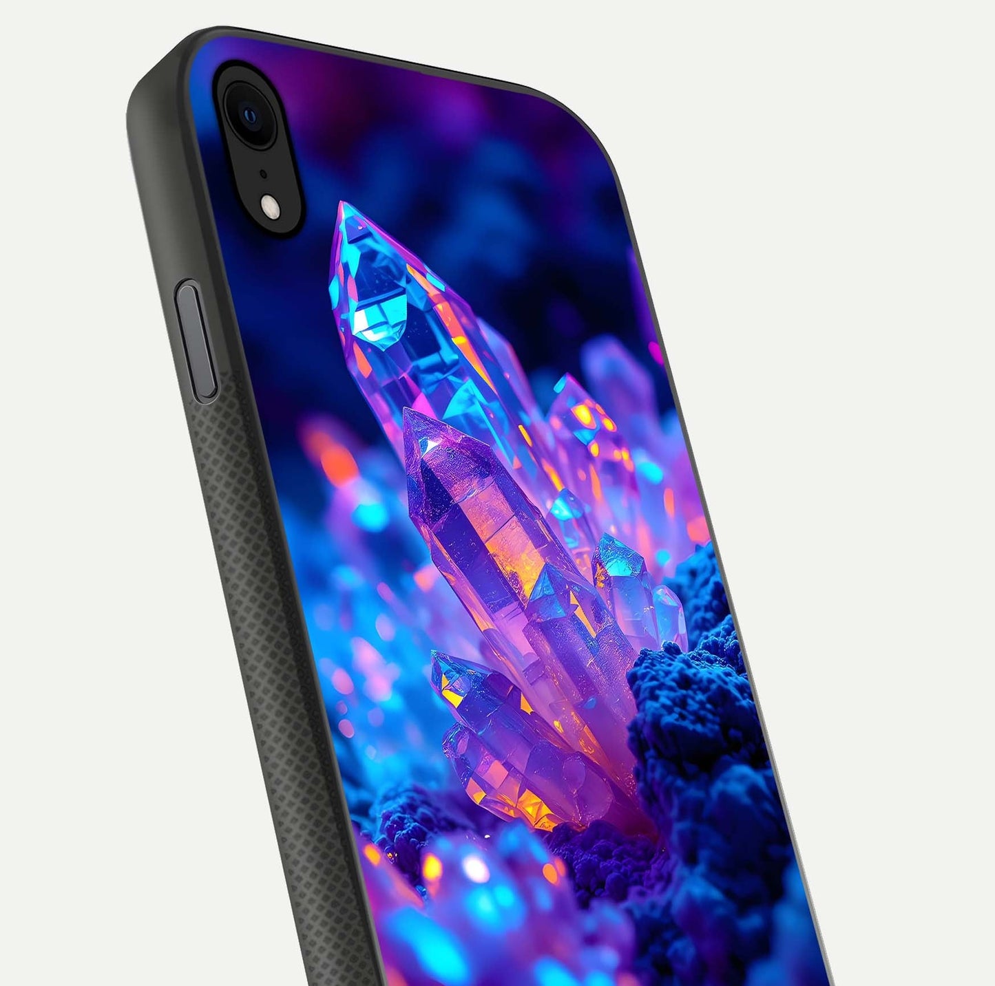 Neon Aura Shards Glass Case for iPhone Xr close-up angled shot highlighting fragment pattern and reflection