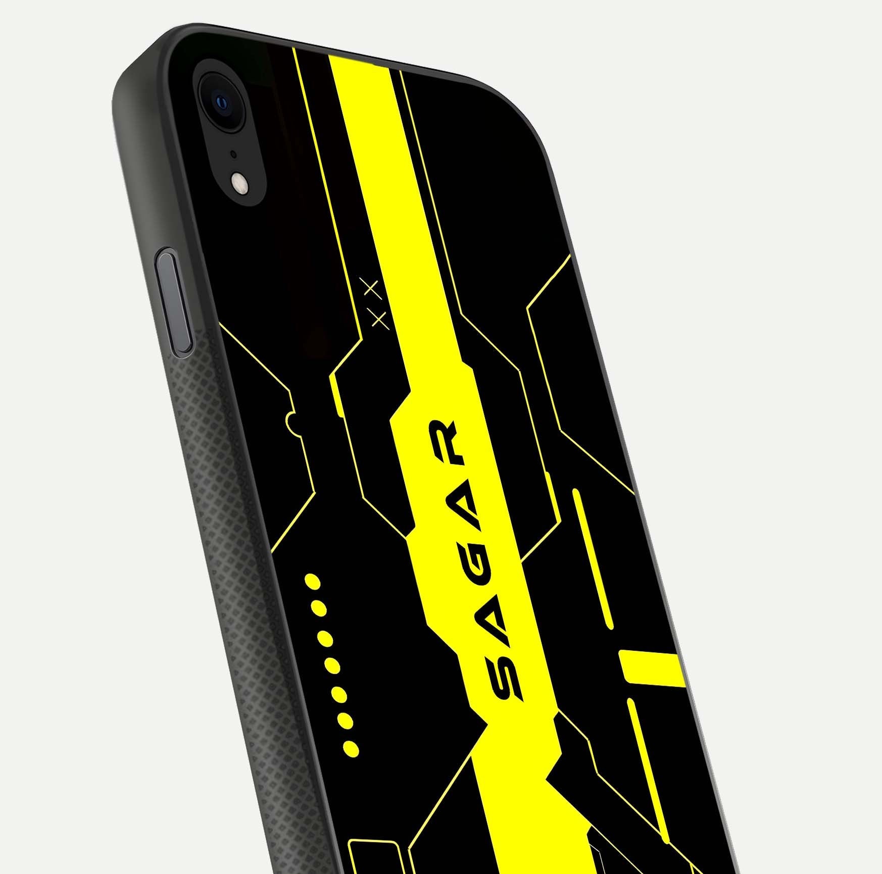 Neon CYBERPUNK Custom Name Glass Case for iPhone Xr close-up angled shot highlighting electric colors and reflection