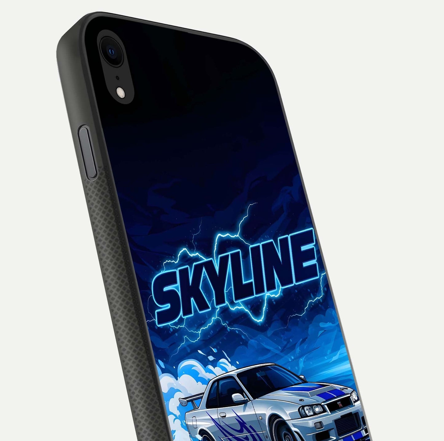 Neon Drift Beast Glass Case for iPhone Xr close-up angled shot highlighting glowing streaks and vivid reflection