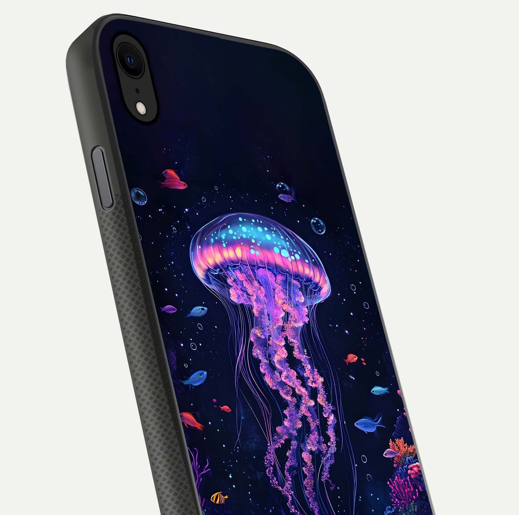 Neon Jellyfish Glass Case for iPhone Xr close-up angled shot showing translucent jellyfish and shine reflection