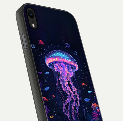 Neon Jellyfish Glass Case for iPhone Xr close-up angled shot showing translucent jellyfish and shine reflection